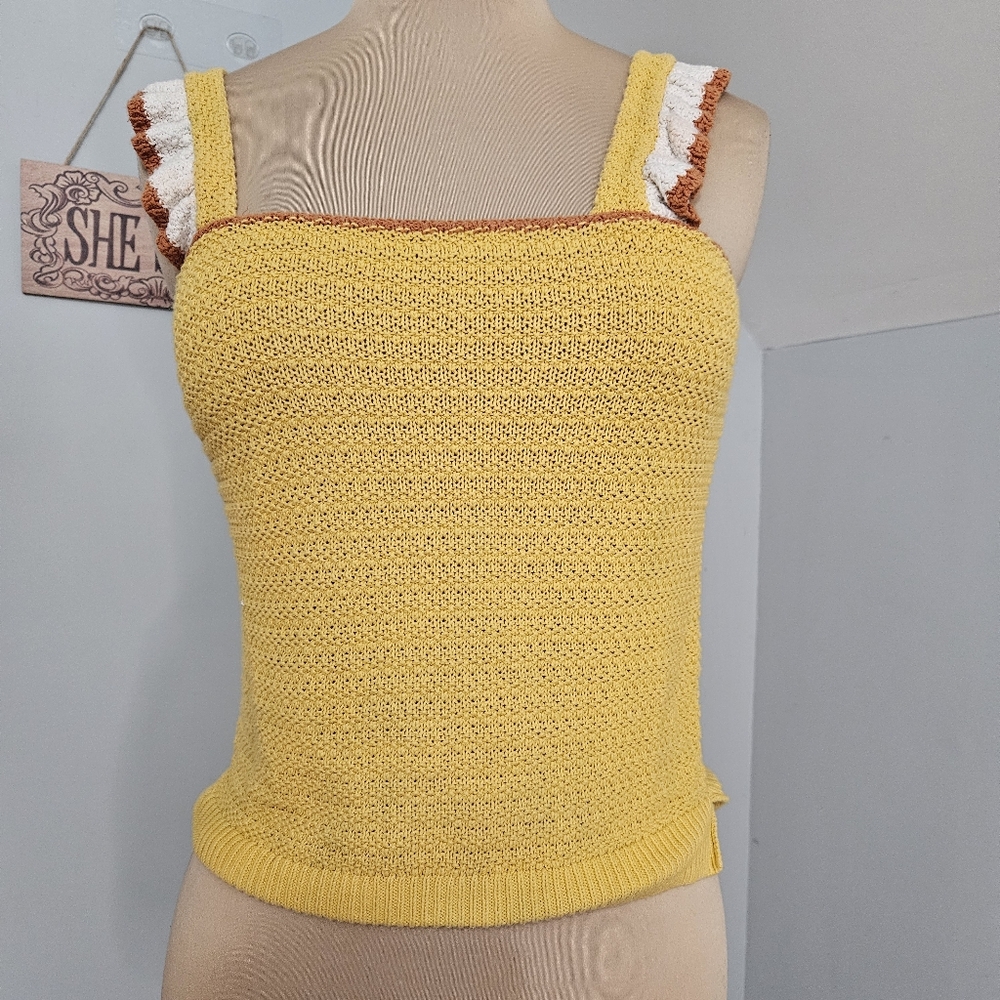 Madewell Yellow Crochet Knit Tank Top Small Ruffle Straps 100% Cotton Y2K Retro